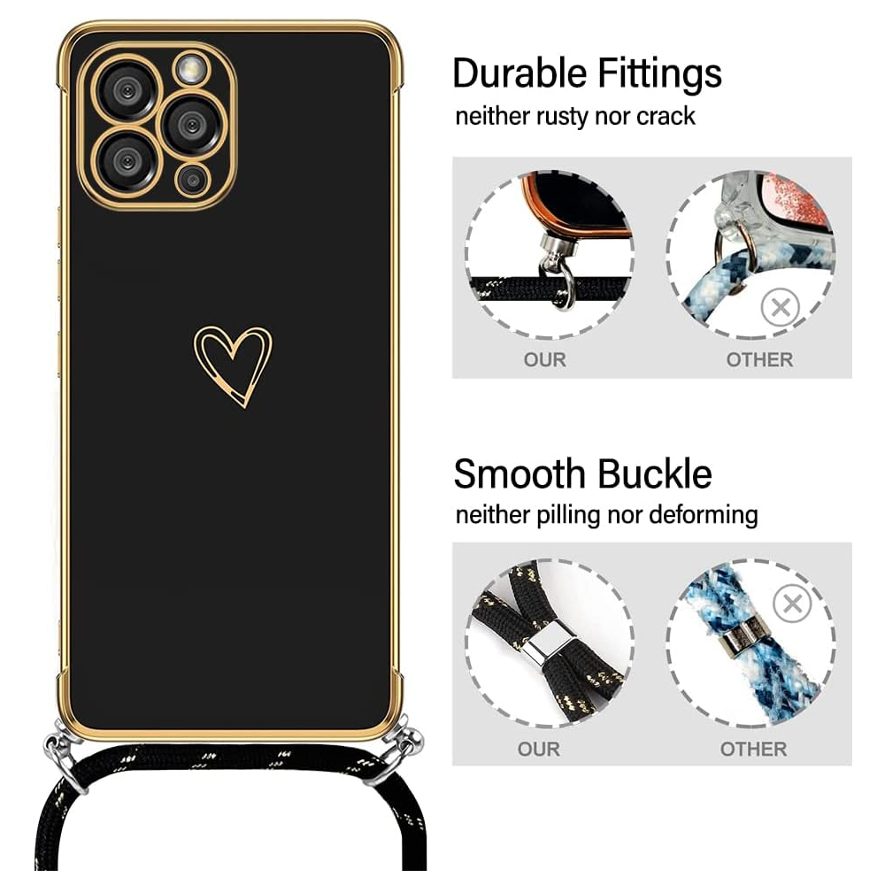 Husa pentru iPhone 15 Pro Max cu Snur – Model Inima, Silicon Electroplacat, Protectie Eleganta si Practica [3]