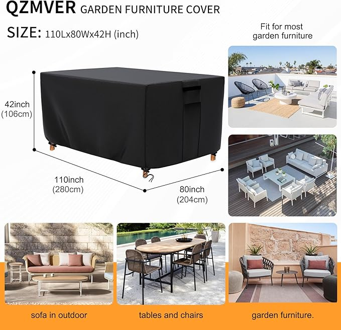 Husă pentru Mobilier de Grădină QZMVER, 280x204x106 cm, Prelată Rectangulară din Material Oxford 420D, Impermeabilă, Anti-UV, Rezistentă la Praf și Vânt, Cu Aerisiri, Șnur și Catarame de Fixare [4]