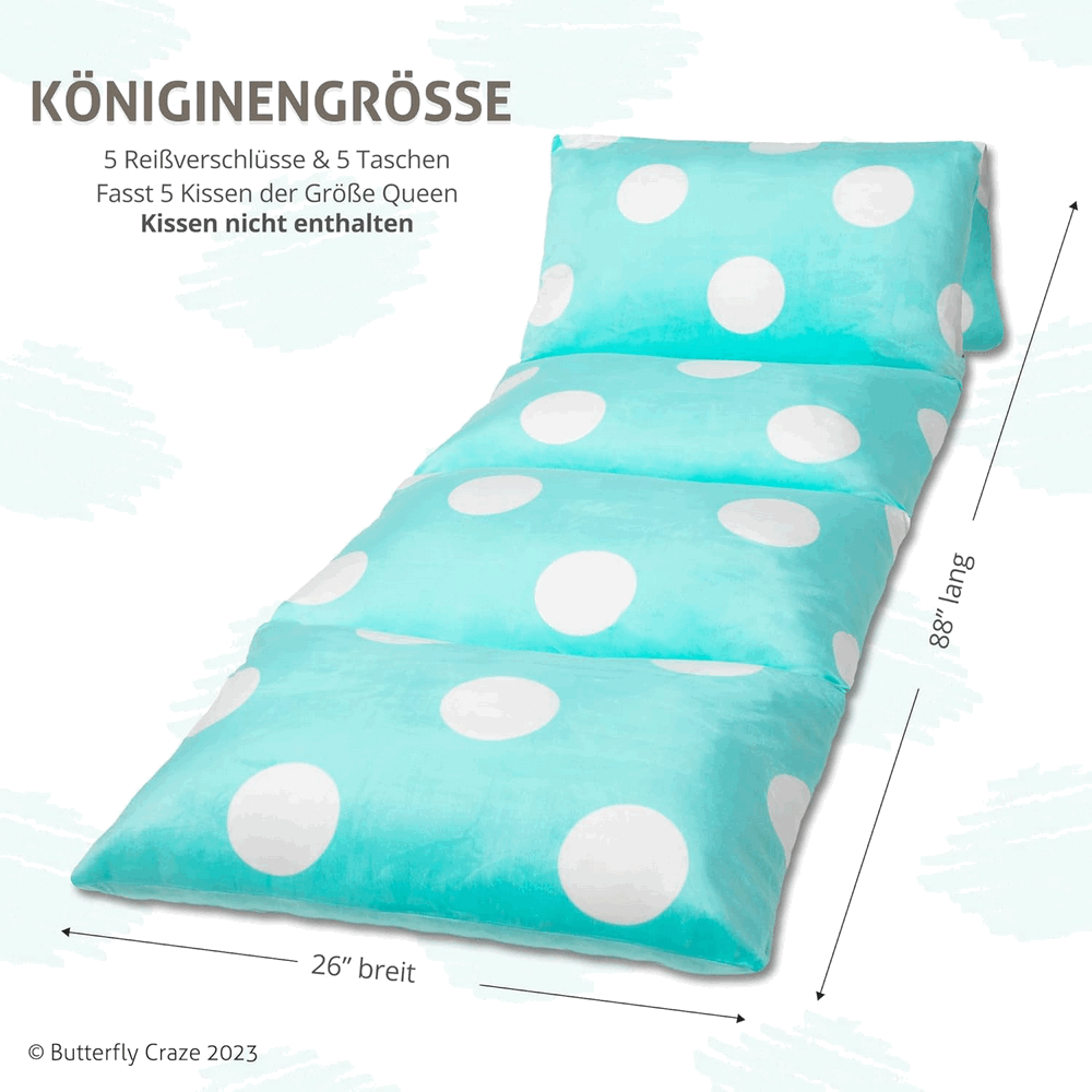 Husa pentru perna de podea, Butterflycraze, Solutie confortabila de sezut pentru copii si adulti, 66 x 223 cm, albastru aqua cu buline albe [2]