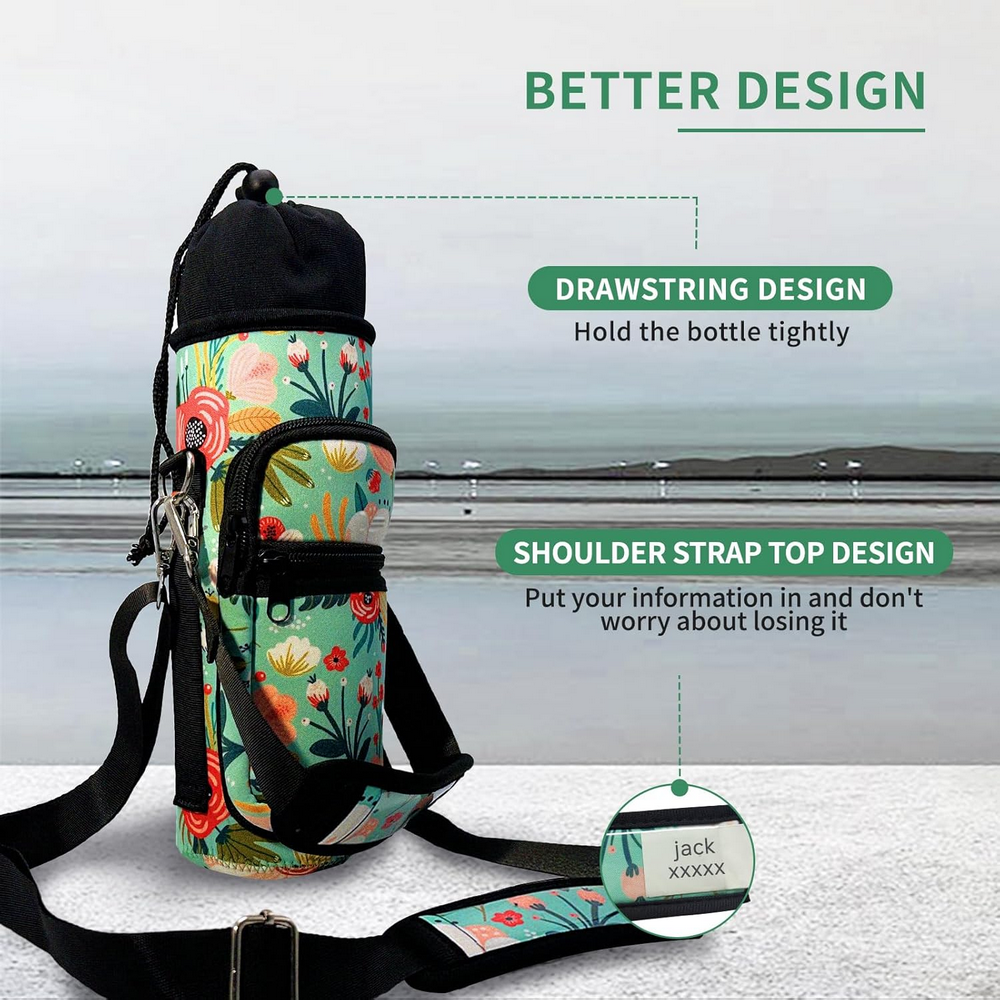 Husa pentru Sticla de Apa 900 ml, Cu Curea Reglabila si Buzunare | Ideala pentru Drumetii, Camping, Calatorii, Plimbari, MOLSHINE, model floral [3]