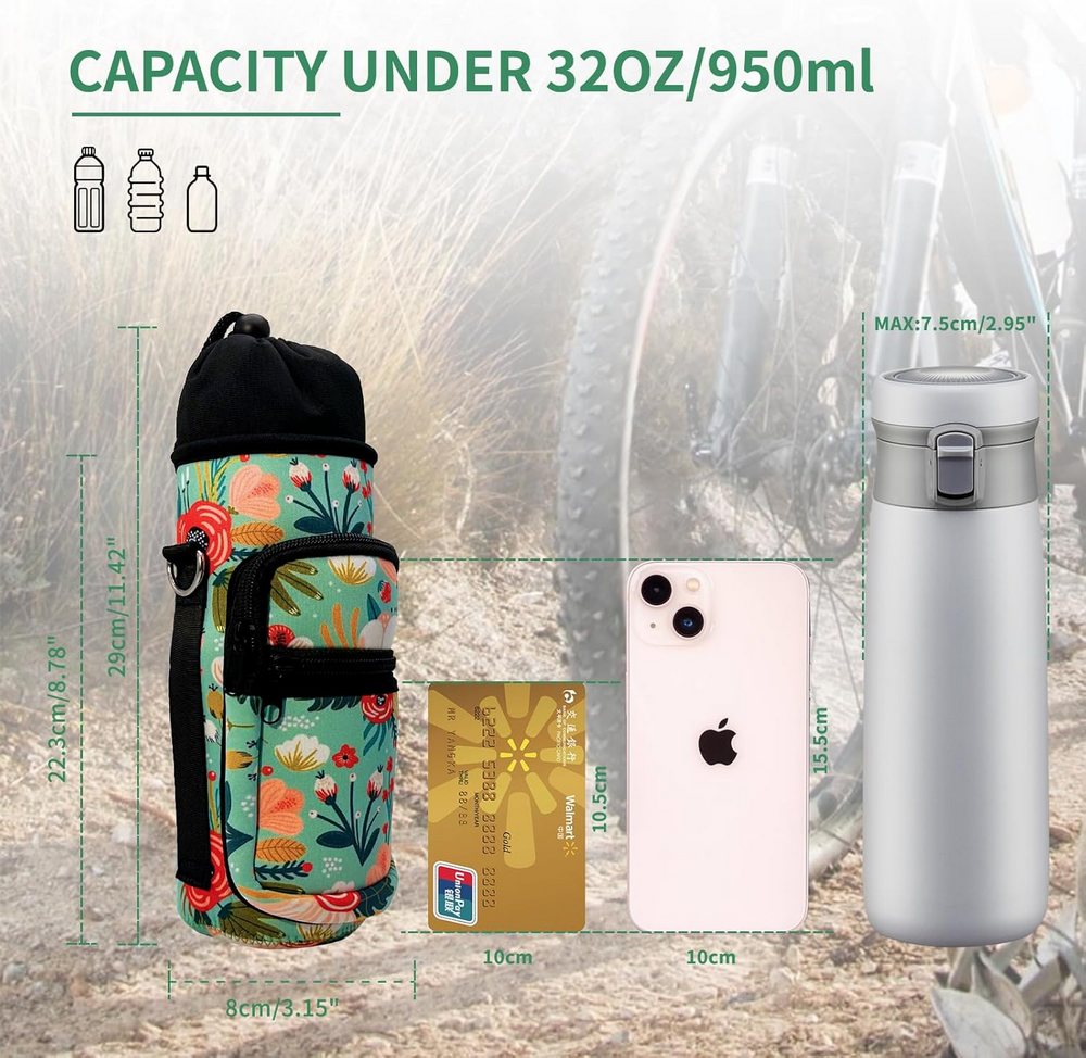 Husa pentru Sticla de Apa 900 ml, Cu Curea Reglabila si Buzunare | Ideala pentru Drumetii, Camping, Calatorii, Plimbari, MOLSHINE, model floral [2]