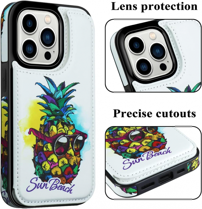 Husa Protectoare pentru iPhone 14 cu Suport pentru Carduri si Functie Stand, Ananas cu Ochelari, doar modelul 6.1 inches [5]