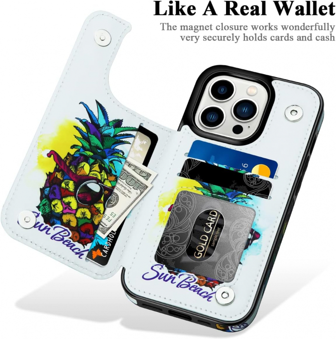 Husa Protectoare pentru iPhone 14 cu Suport pentru Carduri si Functie Stand, Ananas cu Ochelari, doar modelul 6.1 inches [2]