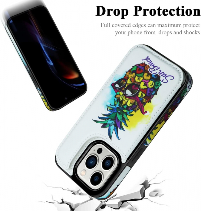 Husa Protectoare pentru iPhone 14 cu Suport pentru Carduri si Functie Stand, Ananas cu Ochelari, doar modelul 6.1 inches [6]