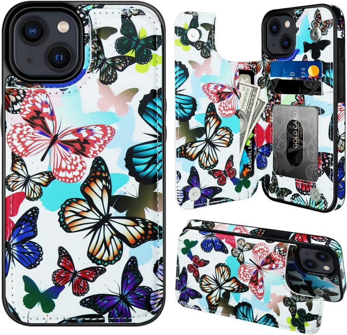 Husa Protectoare pentru iPhone 14 cu Suport pentru Carduri si Functie Stand, Fluturi Colorati, doar modelul 6.1 inches [2]