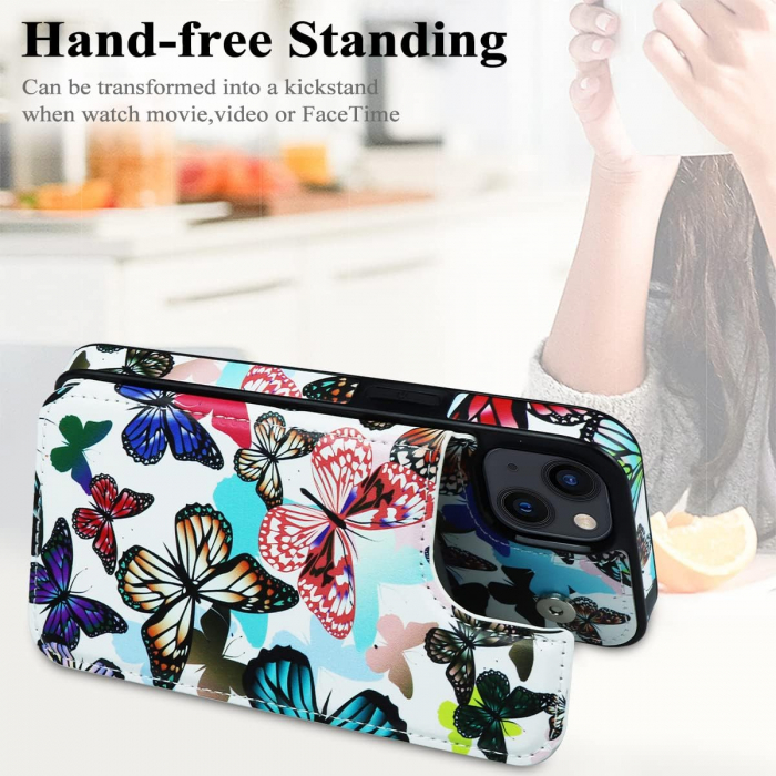 Husa Protectoare pentru iPhone 14 cu Suport pentru Carduri si Functie Stand, Fluturi Colorati, doar modelul 6.1 inches [5]