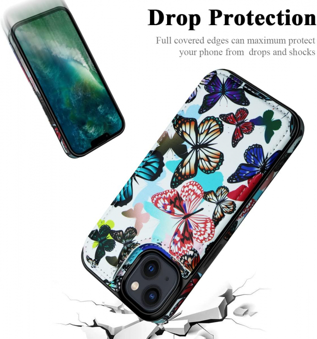 Husa Protectoare pentru iPhone 14 cu Suport pentru Carduri si Functie Stand, Fluturi Colorati, doar modelul 6.1 inches [3]