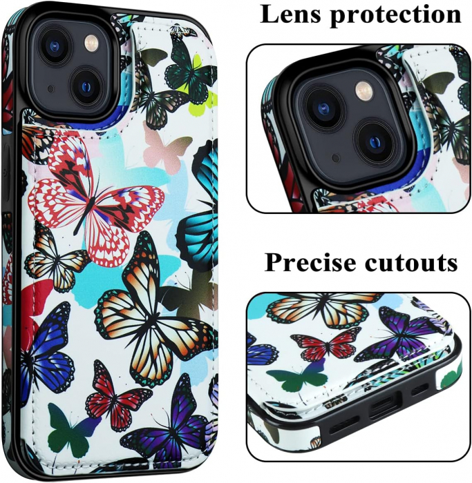 Husa Protectoare pentru iPhone 14 cu Suport pentru Carduri si Functie Stand, Fluturi Colorati, doar modelul 6.1 inches [6]