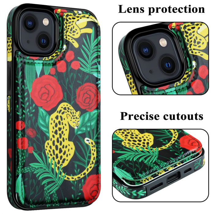 Husa Protectoare pentru iPhone 14 cu Suport pentru Carduri si Functie Stand, Leopard si Trandafiri, doar modelul 6.1 inches [6]