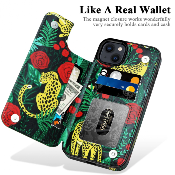 Husa Protectoare pentru iPhone 14 cu Suport pentru Carduri si Functie Stand, Leopard si Trandafiri, doar modelul 6.1 inches [3]