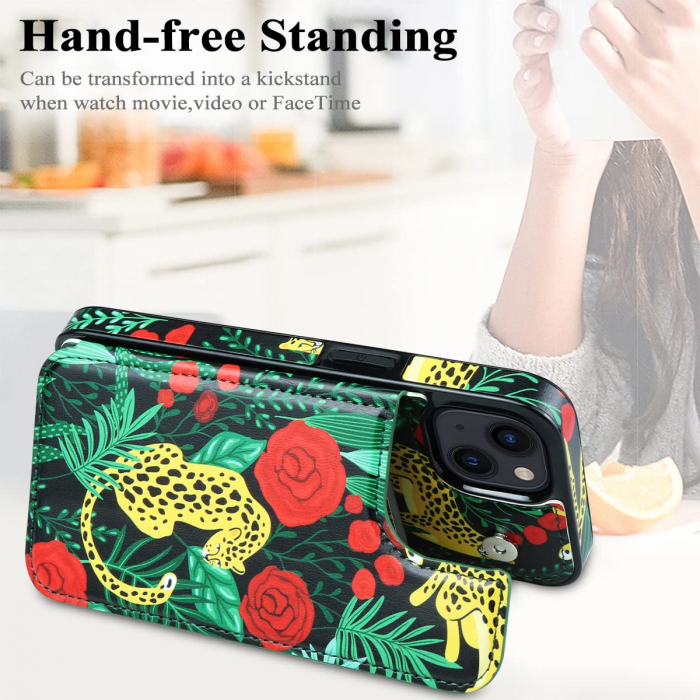 Husa Protectoare pentru iPhone 14 cu Suport pentru Carduri si Functie Stand, Leopard si Trandafiri, doar modelul 6.1 inches [5]