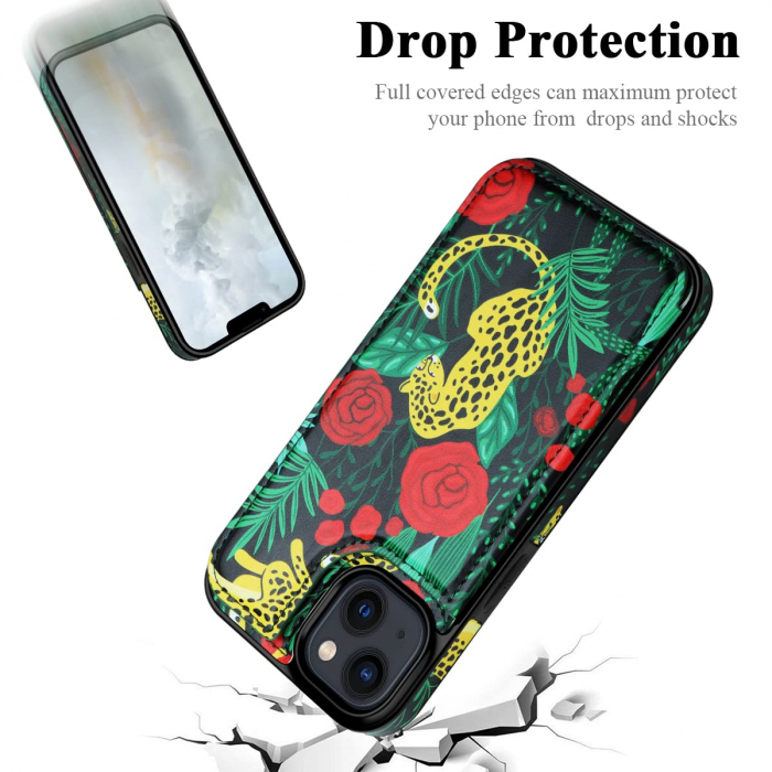 Husa Protectoare pentru iPhone 14 cu Suport pentru Carduri si Functie Stand, Leopard si Trandafiri, doar modelul 6.1 inches [2]