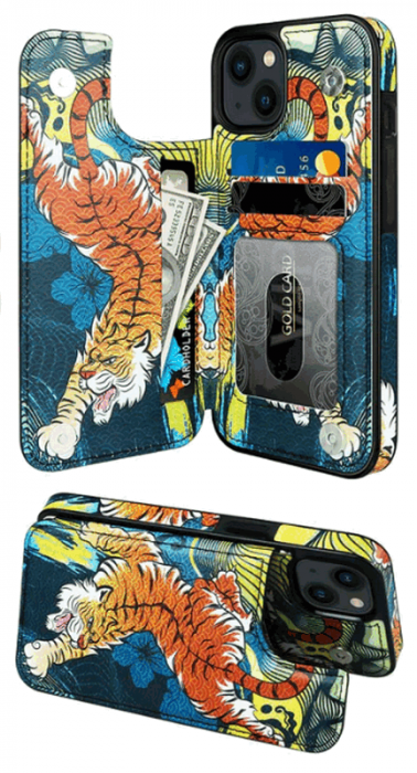 Husa Protectoare pentru iPhone 14 cu Suport pentru Carduri si Functie Stand,Tigru, doar modelul 6.1 inches [2]