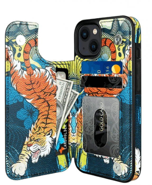 Husa Protectoare pentru iPhone 14 cu Suport pentru Carduri si Functie Stand,Tigru, doar modelul 6.1 inches [3]