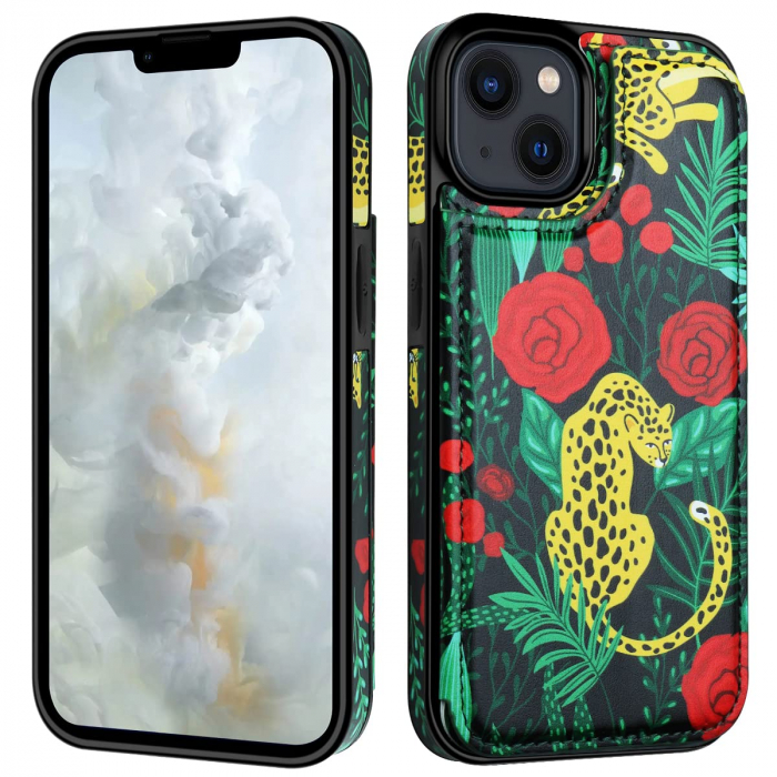 Husa Protectoare pentru iPhone 14 Pro cu Suport pentru Carduri si Functie Stand, Leopard si Trandafiri, doar modelul 6.1 inch [5]