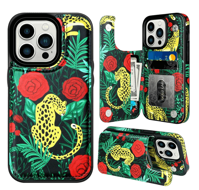 Husa Protectoare pentru iPhone 14 Pro cu Suport pentru Carduri si Functie Stand, Leopard si Trandafiri, doar modelul 6.1 inch [2]