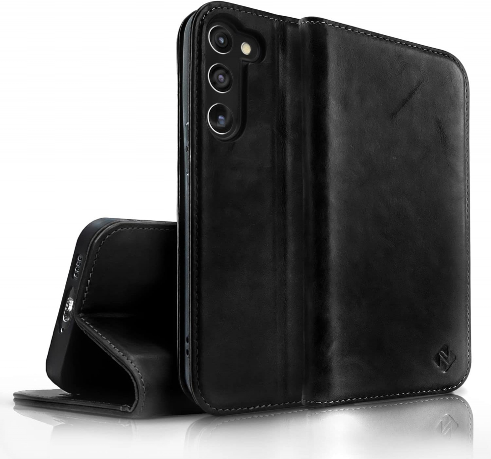 Husa Tip Carte din Piele Naturala pentru Samsung Galaxy S23 Plus – Protectie 360°, Inchidere Magnetica, Sloturi Card, Functie Stand, Protectie RFID, Negru [1]