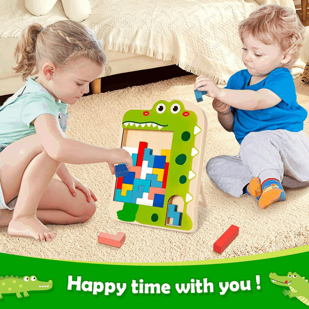 Joc de inteligenta, din lemn, multicolor, puzzle cuburi de constructie, multicolor, crocodil [3]