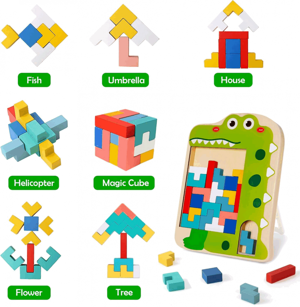 Joc de inteligenta, din lemn, multicolor, puzzle cuburi de constructie, multicolor, crocodil [4]