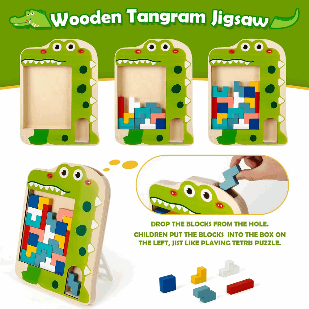 Joc de inteligenta, din lemn, multicolor, puzzle cuburi de constructie, multicolor, crocodil [2]