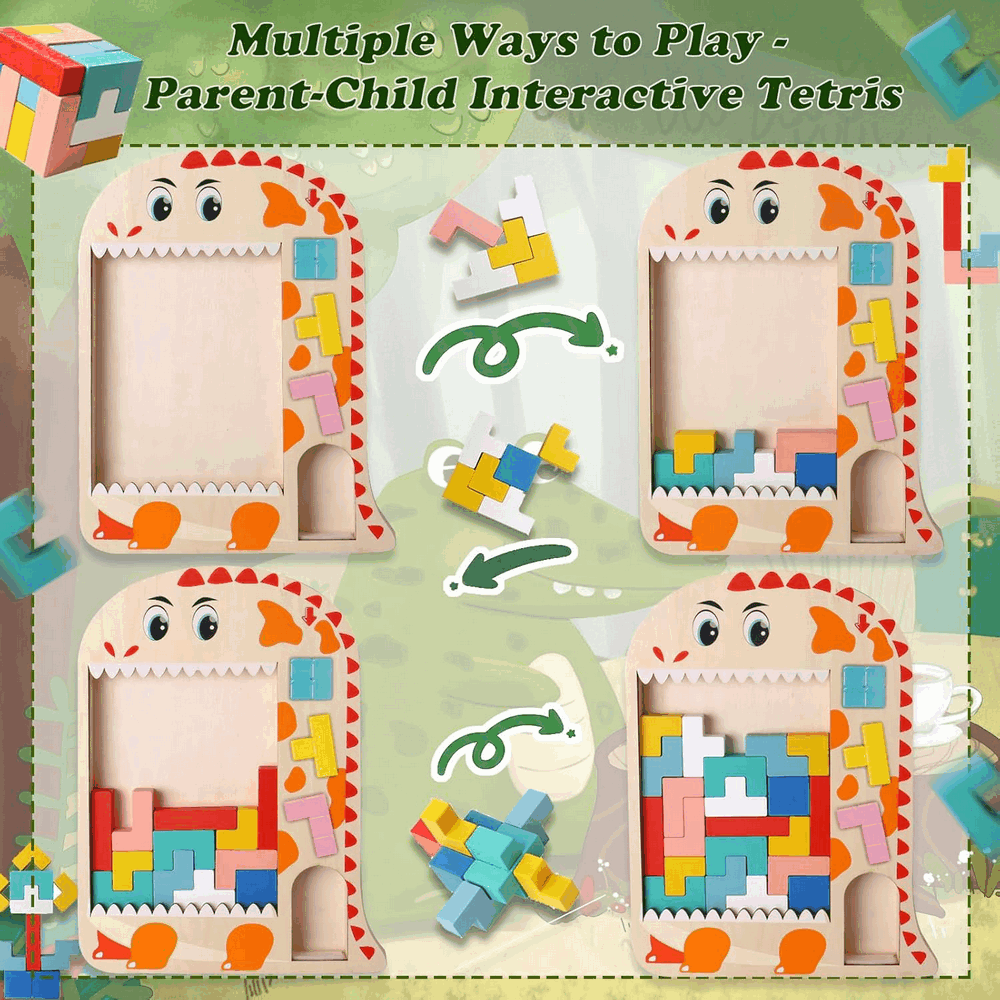 Joc de inteligenta, din lemn, multicolor, puzzle cuburi de constructie, multicolor, dinozaur [3]