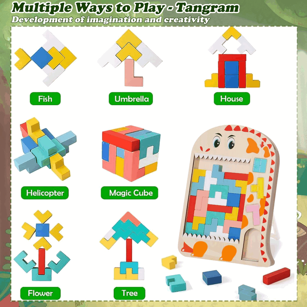 Joc de inteligenta, din lemn, multicolor, puzzle cuburi de constructie, multicolor, dinozaur [4]