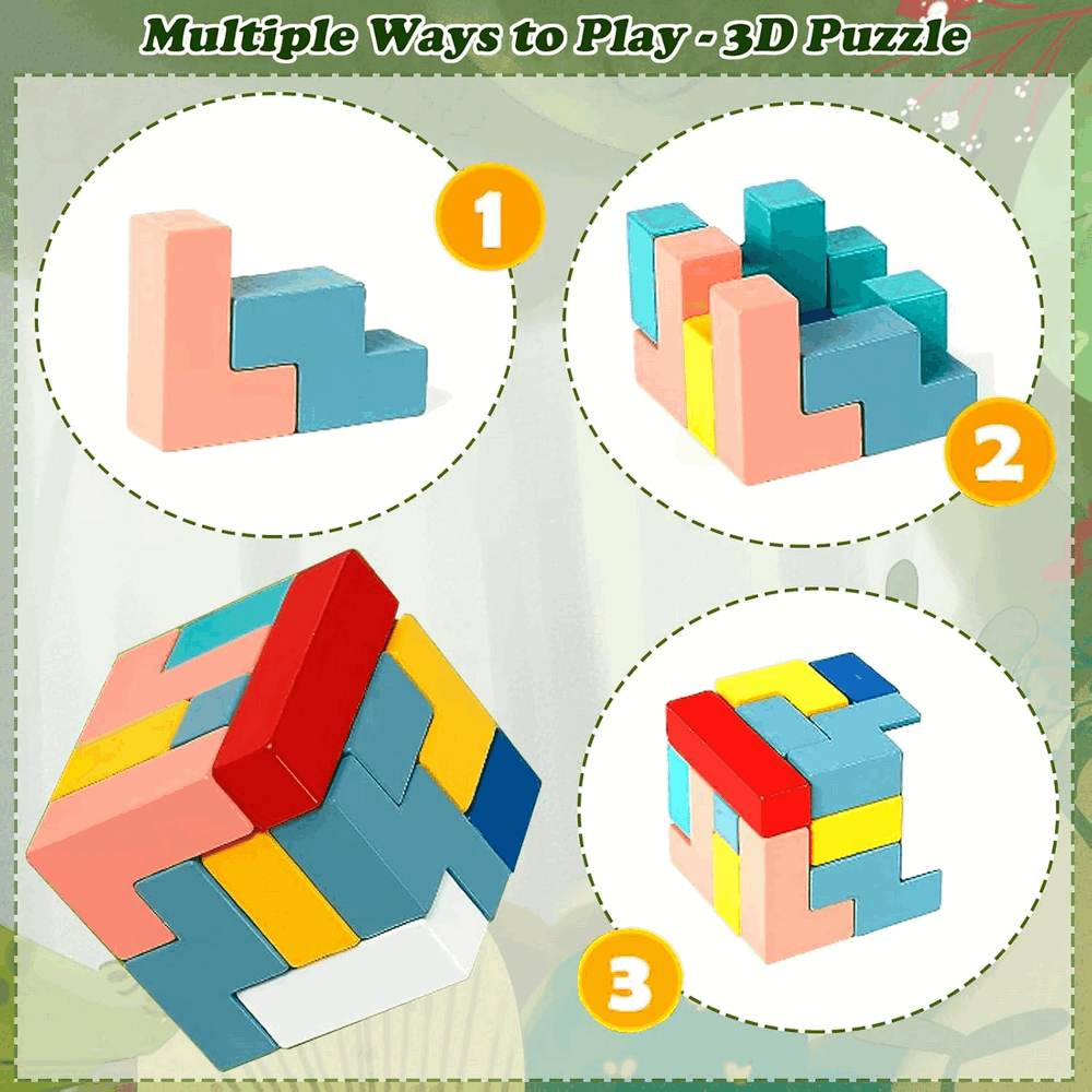 Joc de inteligenta, din lemn, multicolor, puzzle cuburi de constructie, multicolor, dinozaur [5]