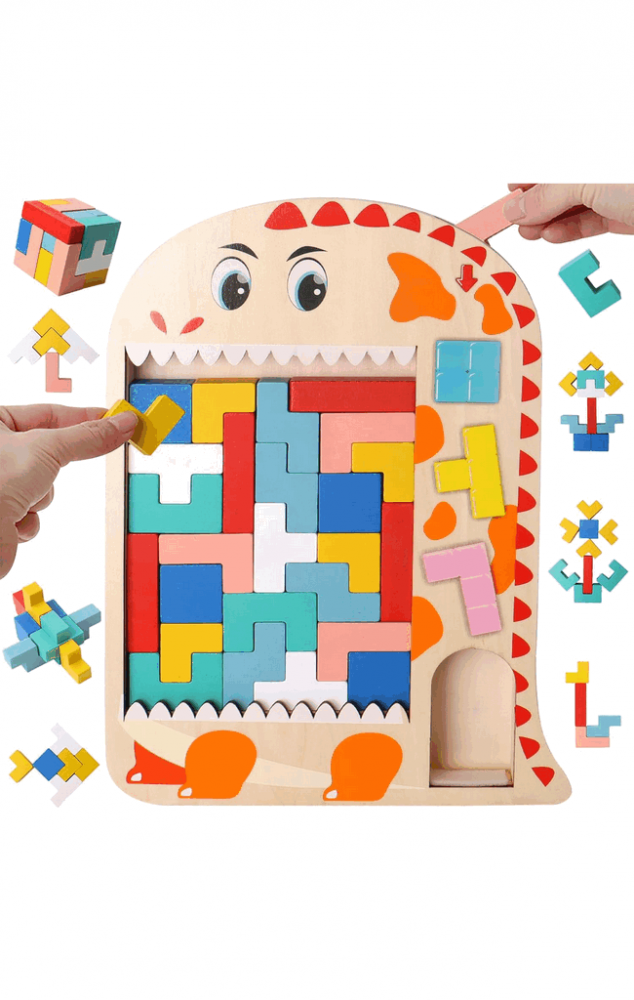 Joc de inteligenta, din lemn, multicolor, puzzle cuburi de constructie, multicolor, dinozaur [1]