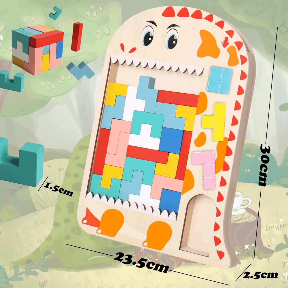 Joc de inteligenta, din lemn, multicolor, puzzle cuburi de constructie, multicolor, dinozaur [2]