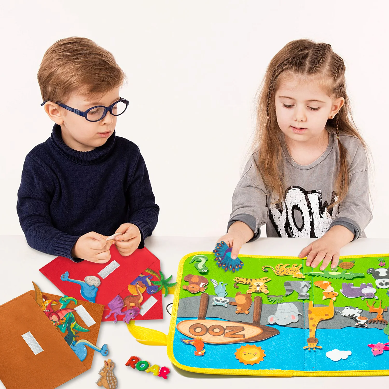 Joc Educativ Tabla de Povesti cu Dinozauri si Animale de Zoo, 50 Piese din Fetru, Interactiv, Portabil pentru Copii Prescolari, 45 cm x 30 cm [2]