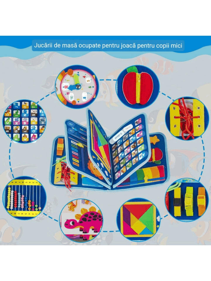 Jucarie carte senzoriala interactiva, Montessori, 8 in 1, 2-6 ani, ARANEE Busy Board, albastru [5]