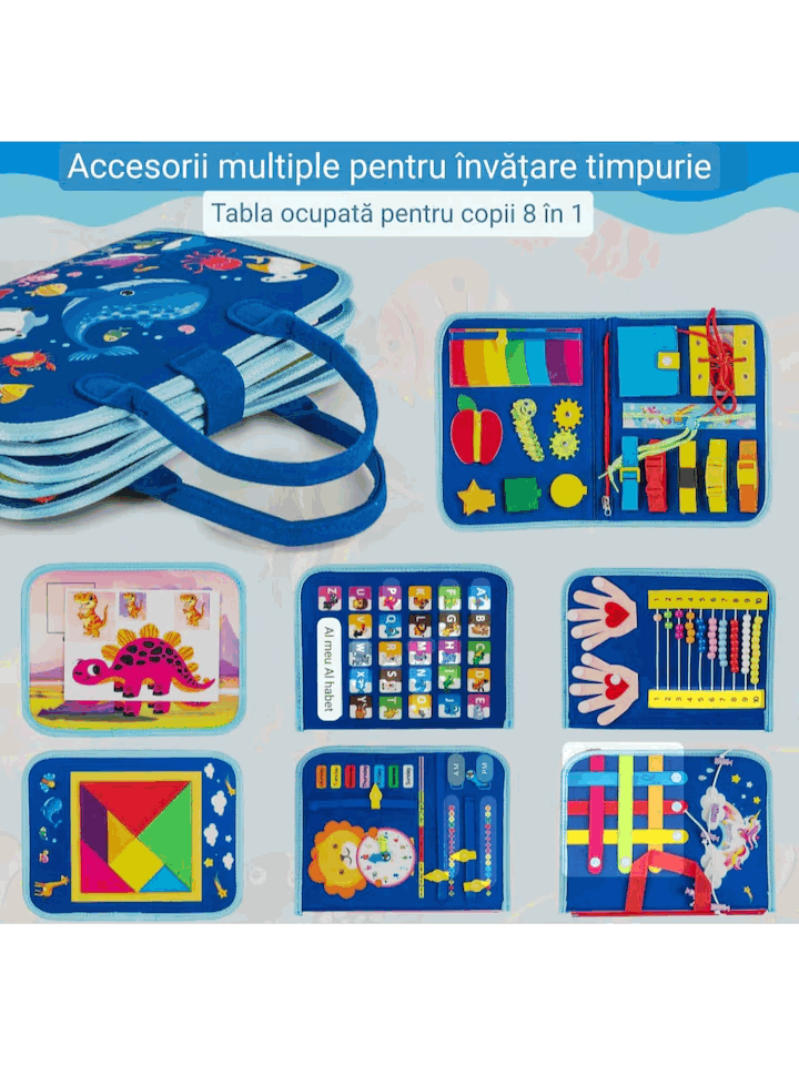 Jucarie carte senzoriala interactiva, Montessori, 8 in 1, 2-6 ani, ARANEE Busy Board, albastru [3]
