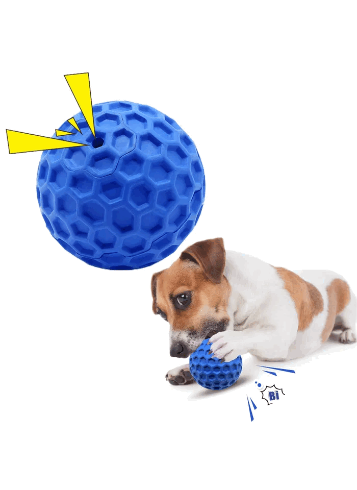 Jucarie de mestecat pentru caini, cu sunet, ideala pentru sanatatea orala a animalului tau, durabila si sigura, material rezistent non-toxic din cauciuc in forma de minge, 8cm, albastra [1]