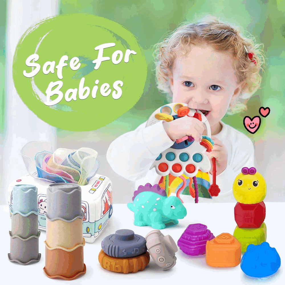 Jucarie educativa Montessori, set 5 in 1, interactiva, pentru bebelusi si copii, de la 6 luni, pentru dezvoltare senzoriala, dentitie, Multicolor [5]