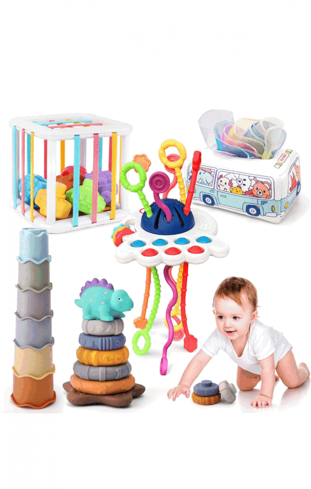 Jucarie educativa Montessori, set 5 in 1, interactiva, pentru bebelusi si copii, de la 6 luni, pentru dezvoltare senzoriala, dentitie, Multicolor [1]