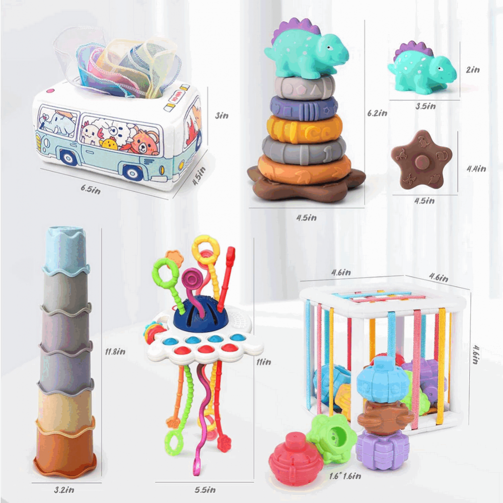 Jucarie educativa Montessori, set 5 in 1, interactiva, pentru bebelusi si copii, de la 6 luni, pentru dezvoltare senzoriala, dentitie, Multicolor [6]