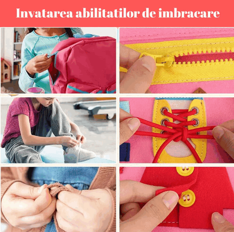 Jucarie interactiva senzoriala, Kimimara Busy Board textil, Montessori, Carte tip gentuta, tabla de invatare, Pentru calatorit, Roz, QSOTH [4]