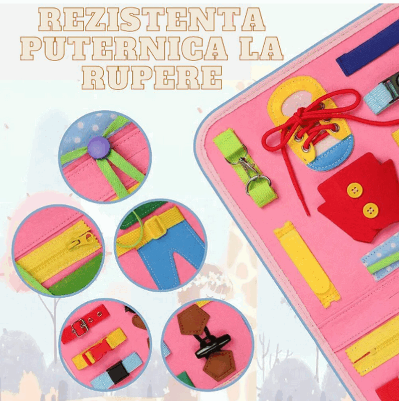 Jucarie interactiva senzoriala, Kimimara Busy Board textil, Montessori, Carte tip gentuta, tabla de invatare, Pentru calatorit, Roz, QSOTH [6]