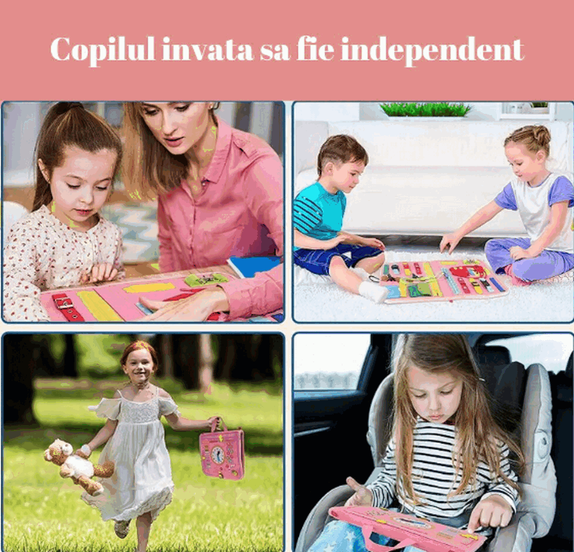 Jucarie interactiva senzoriala, Kimimara Busy Board textil, Montessori, Carte tip gentuta, tabla de invatare, Pentru calatorit, Roz, QSOTH [5]