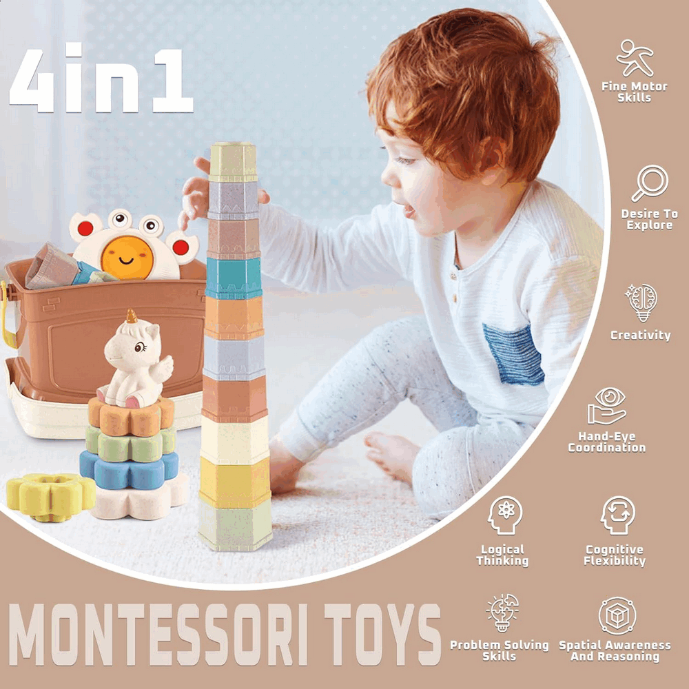 Jucarii Montessori 4-în-1 pentru Bebeluşi, Cutie de Sortare a Formelor cu 5 Blocuri, 10 Cupe stivuibile,Crab multifuncional, Labedi [3]