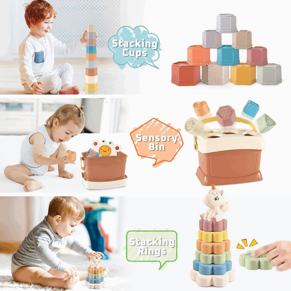 Jucarii Montessori 4-în-1 pentru Bebeluşi, Cutie de Sortare a Formelor cu 5 Blocuri, 10 Cupe stivuibile,Crab multifuncional, Labedi [4]