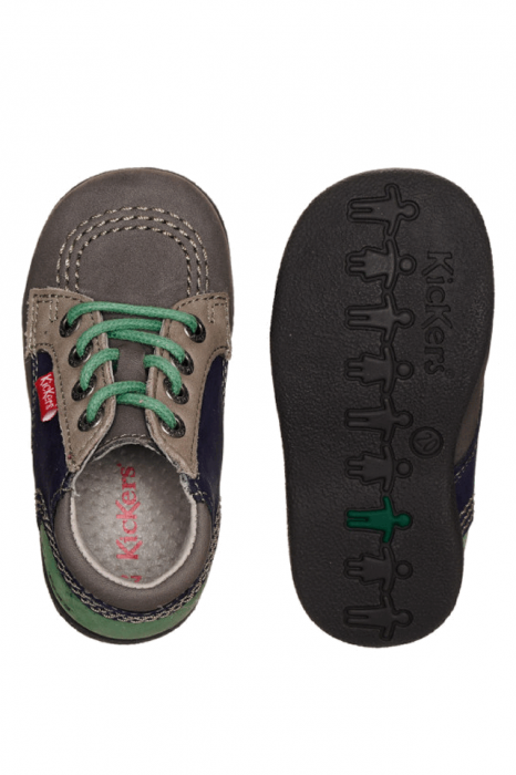 Kickers Babystan, pantofi de mers pentru bebeluși unisex, Gri cu accente verzi si albastre18 EU [2]