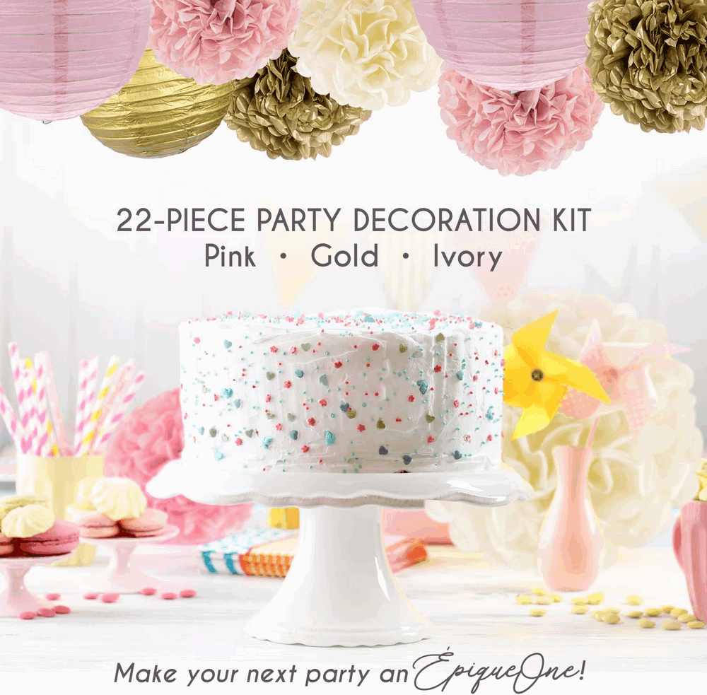 Kit de decorare pentru petreceri – Aur roz, fildes, pompoane din hartie, felinare din hartie 22 bucati [6]