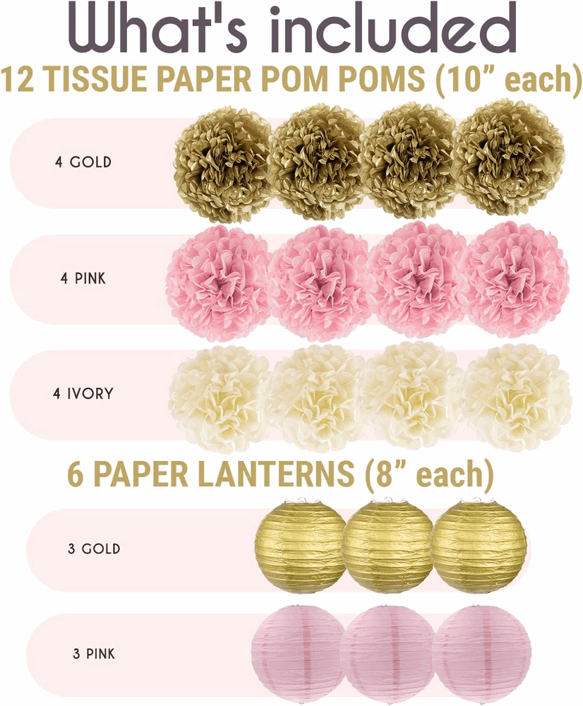 Kit de decorare pentru petreceri – Aur roz, fildes, pompoane din hartie, felinare din hartie 22 bucati [2]
