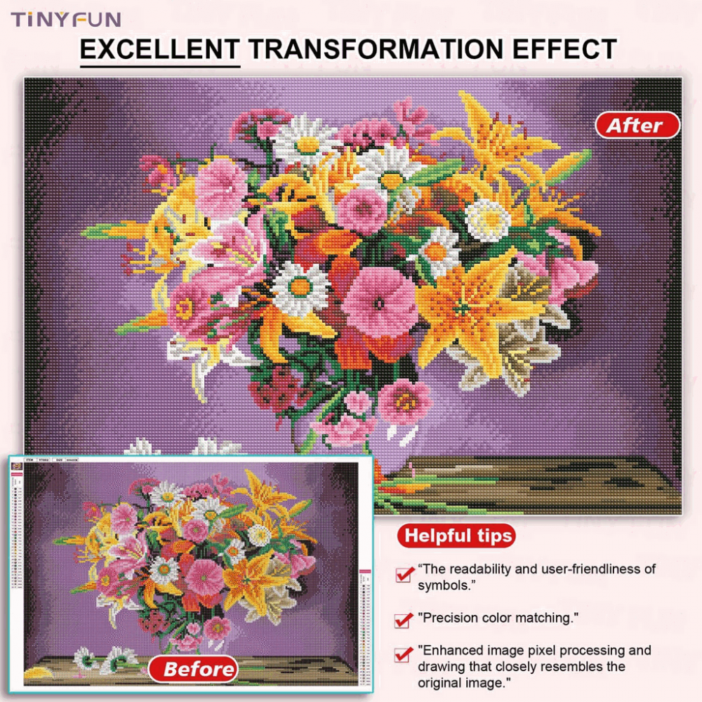 Kit de Pictură cu Diamante 5D TINY FUN, Pentru Adulți, 65x42 cm, vaza cu flori [7]