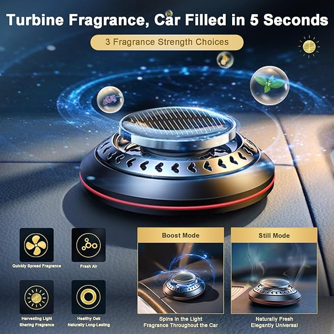 Kit Difuzor Aromă pentru Mașină, Încărcare Solară Rotativă, Negru, Cu Sticluță de Parfum Inclusă, AZUJ [2]
