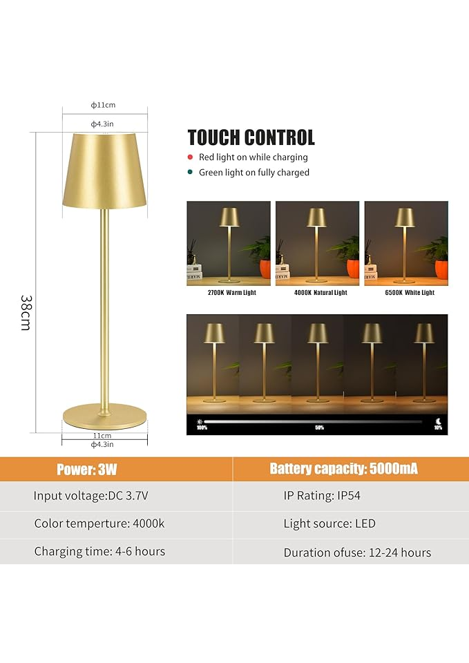 Lampă de Masă LED Reîncărcabilă, Design Minimalist culoare Gold VZGJ [4]