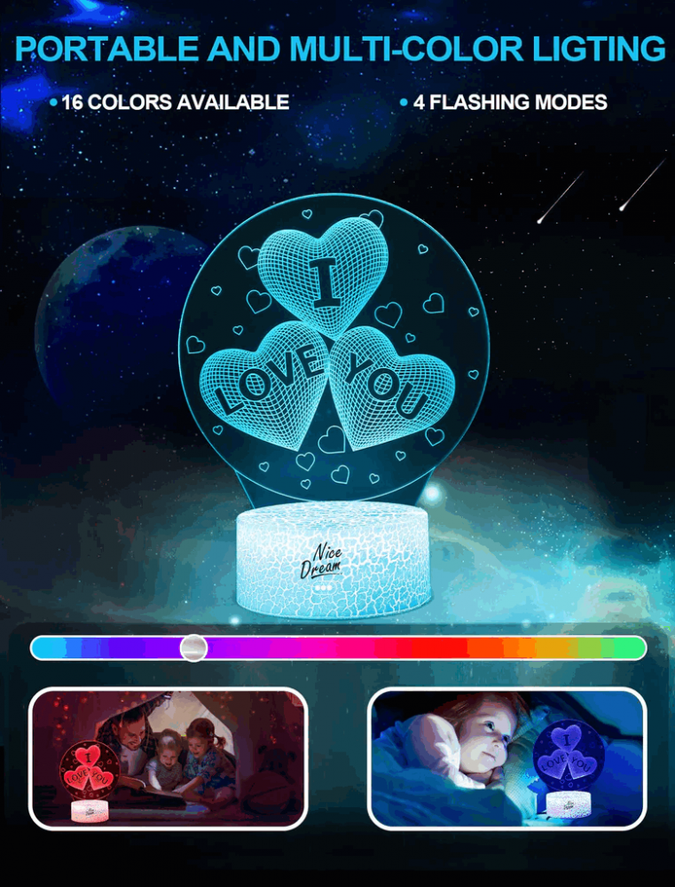 Lampă de Noapte 3D cu Inimioară, I love you, 16 Culori, Telecomandă, NiceDream [5]