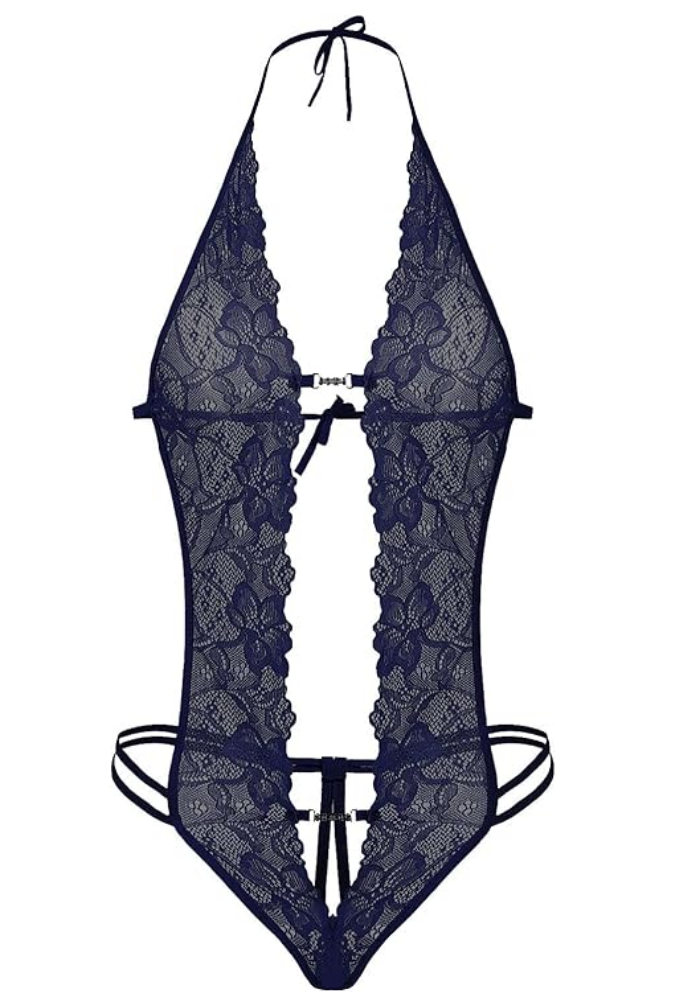 Lingerie dama babydoll din dantela, transparenta, model cu spate gol si guler tip halter, gri, ONE SIZE [4]