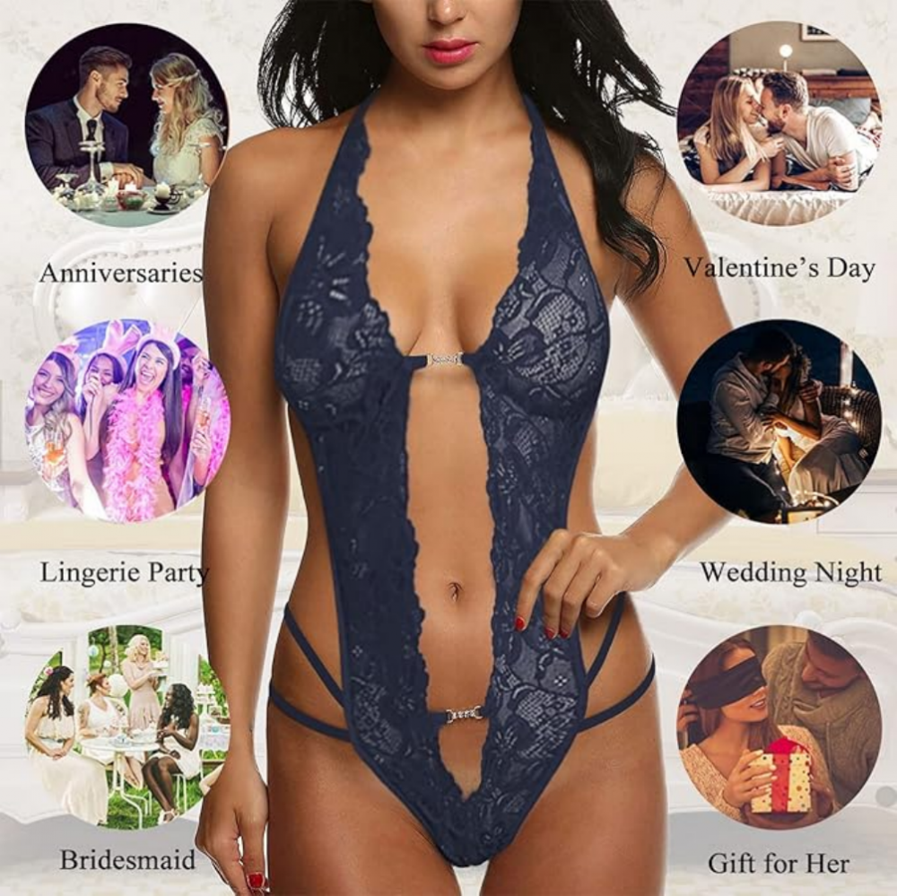 Lingerie dama babydoll din dantela, transparenta, model cu spate gol si guler tip halter, gri, ONE SIZE [6]